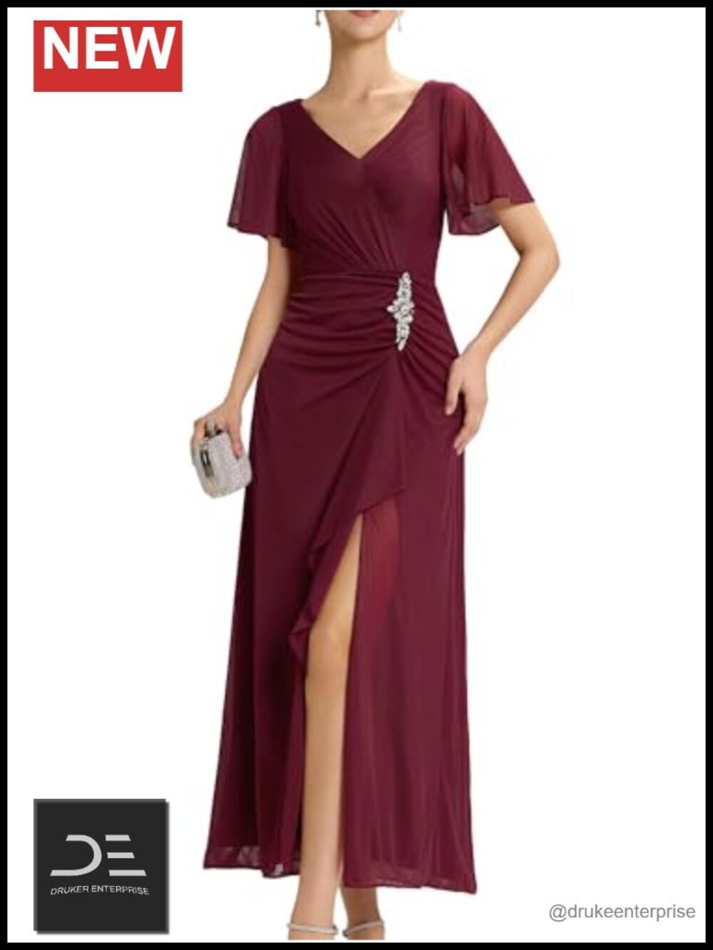 Ever-Pretty V-Neck Chiffon Maxi Formal Evening Dress Rhinestone Slit
